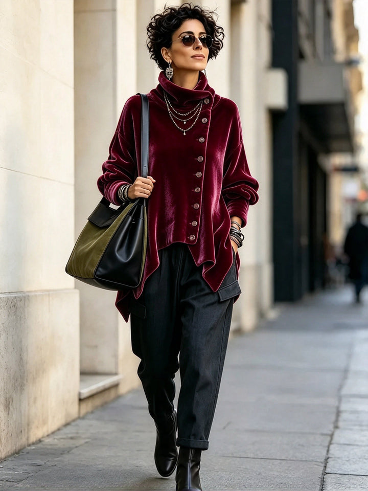 Burgundy turtleneck top with off-center buttons, full outfit outdoors