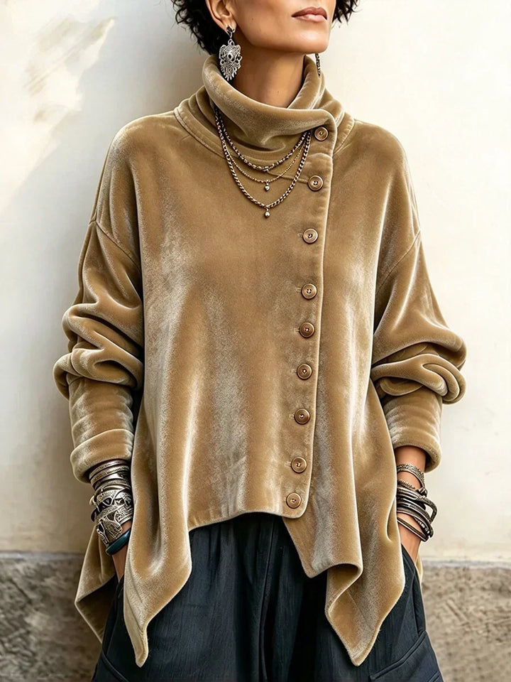 Camel turtleneck top with high folded collar and asymmetric hem, front view