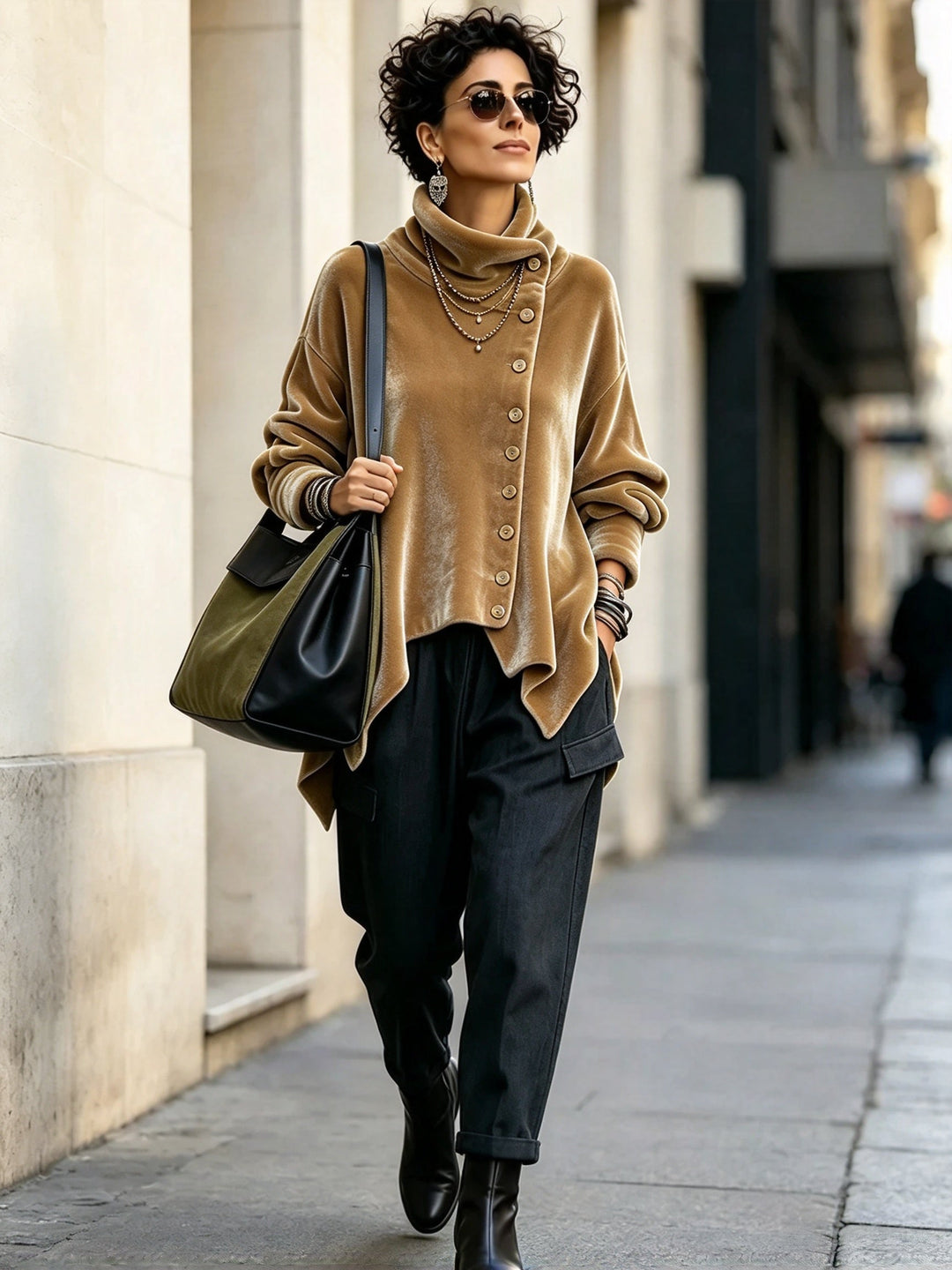 Camel oversized turtleneck top in a street style look with dark trousers