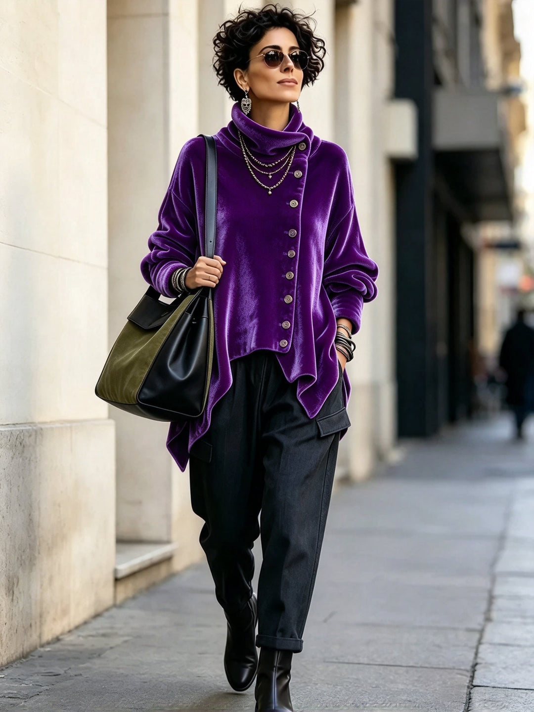 Purple turtleneck tunic top styled with a shoulder bag on a city walk