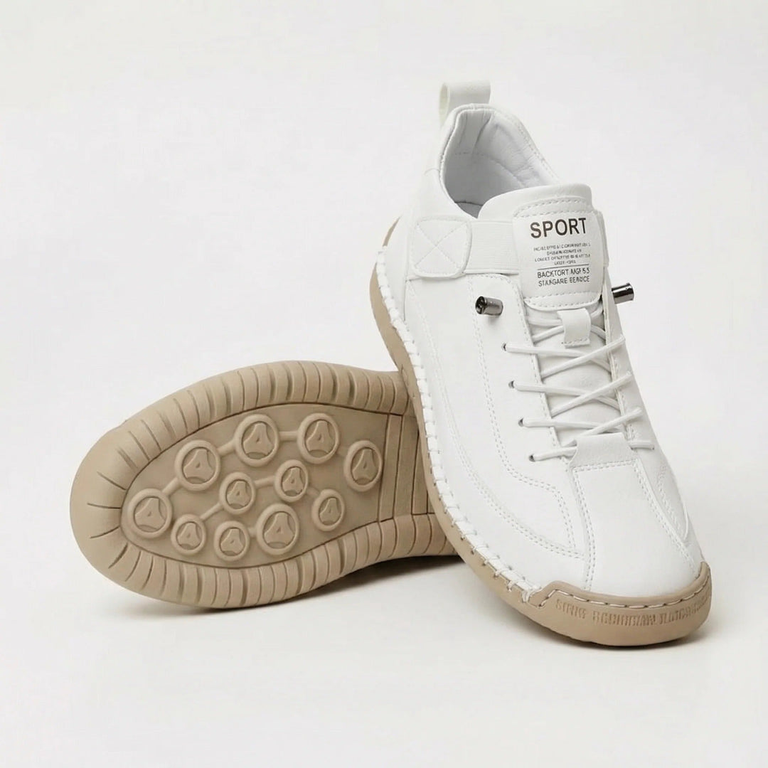 White walking shoes with elastic laces and a tan stitched sole, side and sole view