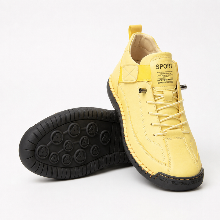 Yellow wide toe walking shoes with elastic laces, shown with black sole
