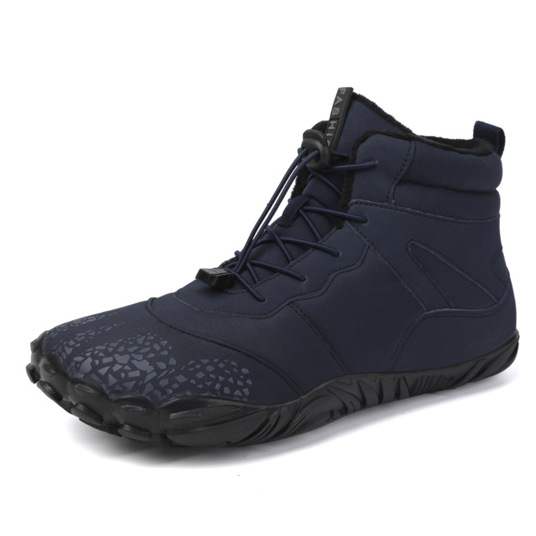 Navy barefoot wide toe lace up ankle boot with black sole, side view