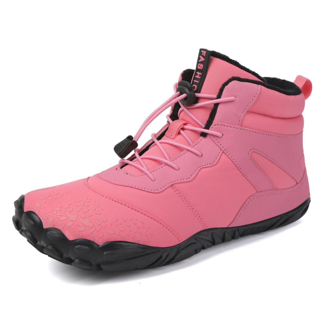 Pink barefoot wide toe lace up ankle boot with black sole, side view
