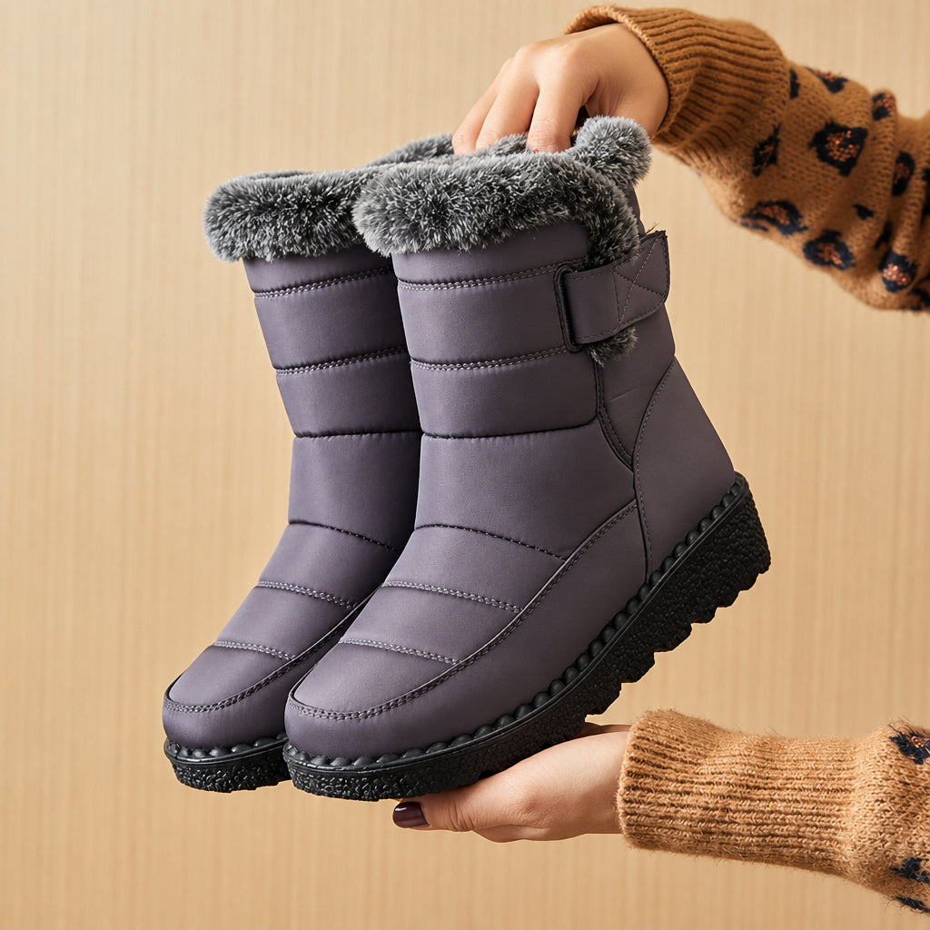 Hands holding a pair of gray faux fur cuff ankle boots up to the camera