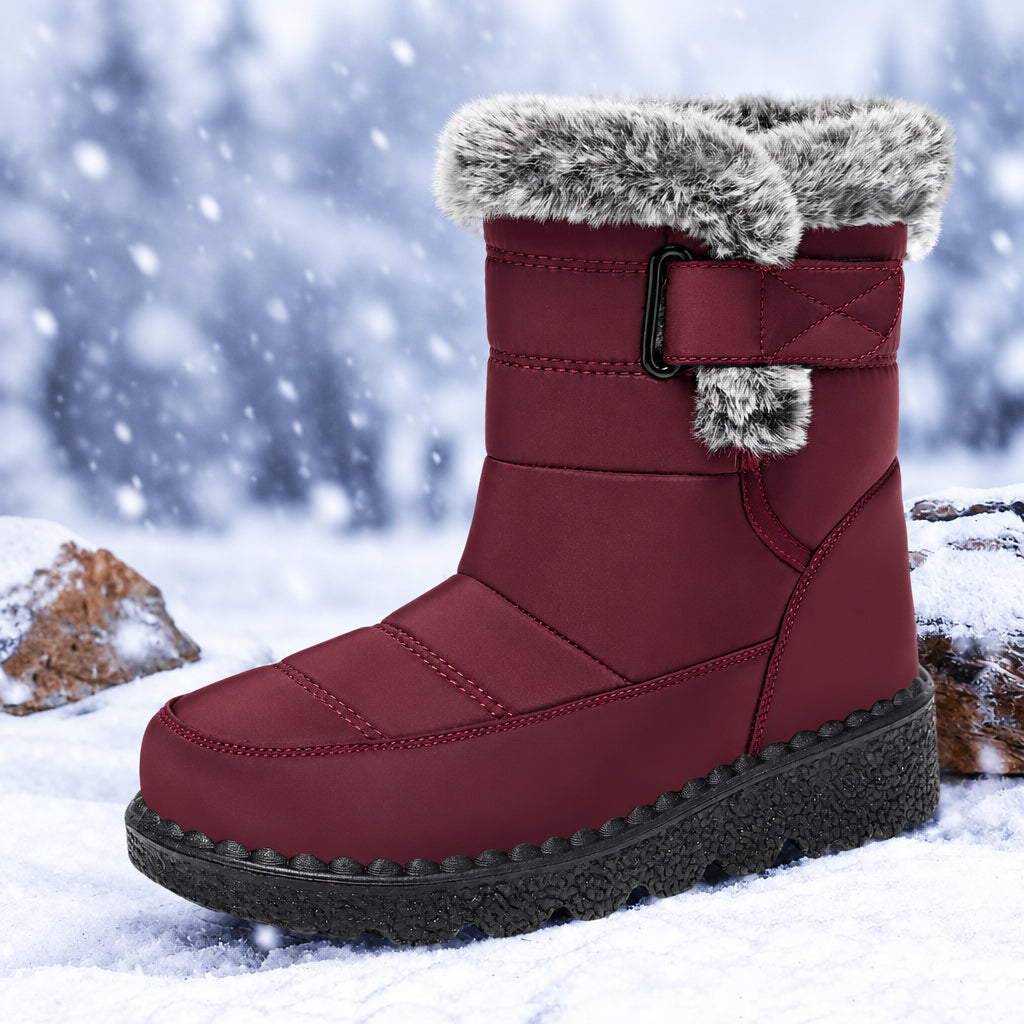Red ankle boot with faux fur cuff and strap on a snowy rock backdrop