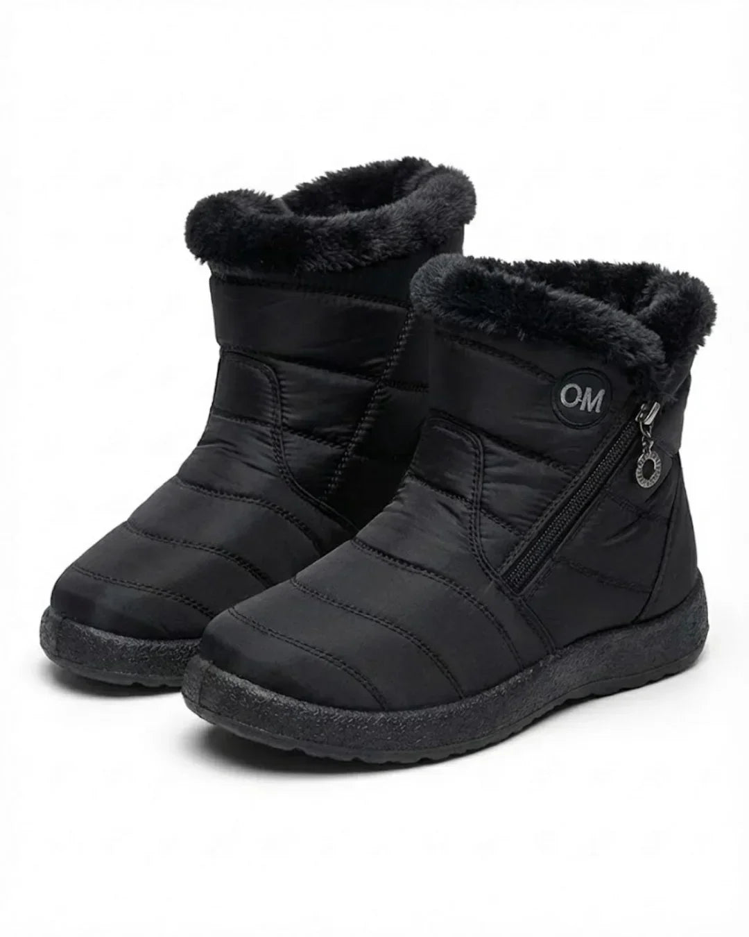 Pair of black zip ankle boots with a faux fur cuff