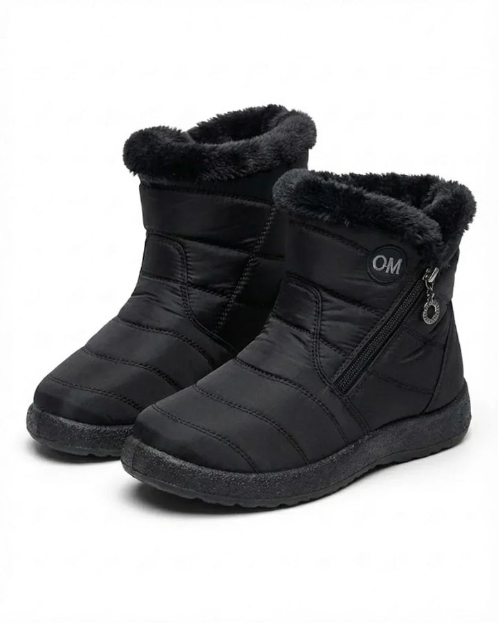 Pair of black zip ankle boots with a faux fur cuff