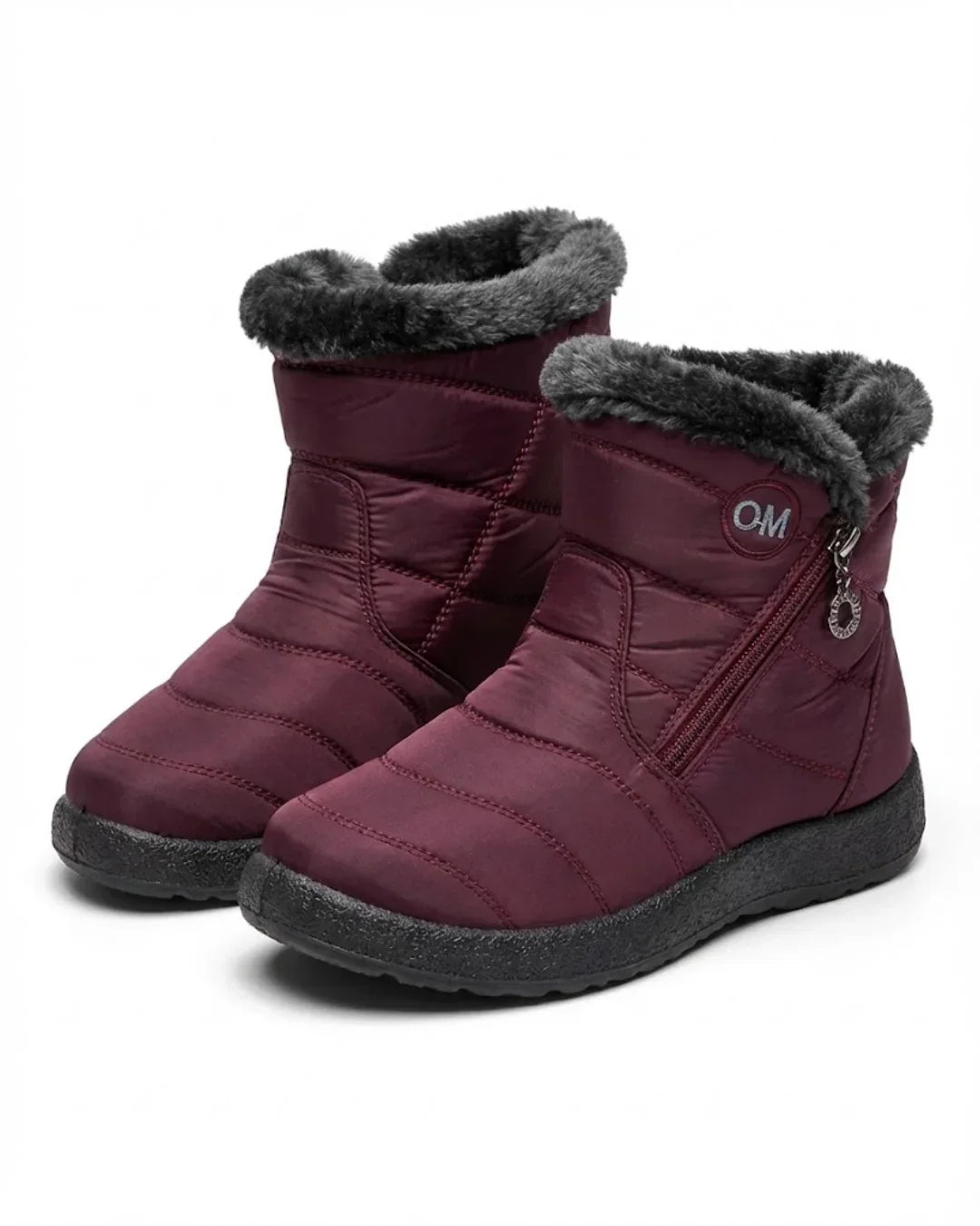 Women's burgundy waterproof boots, fleece lined zip ankle with faux fur cuff, pair