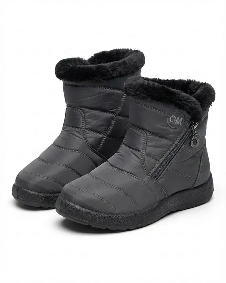 Pair of gray zip ankle boots with a faux fur cuff