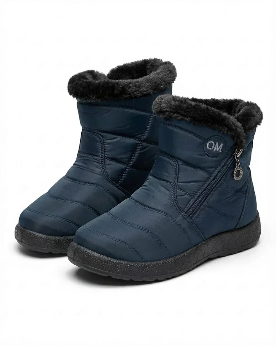Pair of navy zip ankle boots with a faux fur cuff