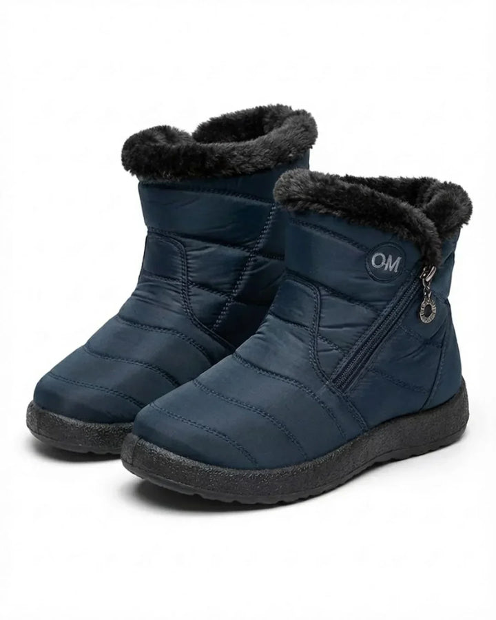 Pair of navy zip ankle boots with a faux fur cuff