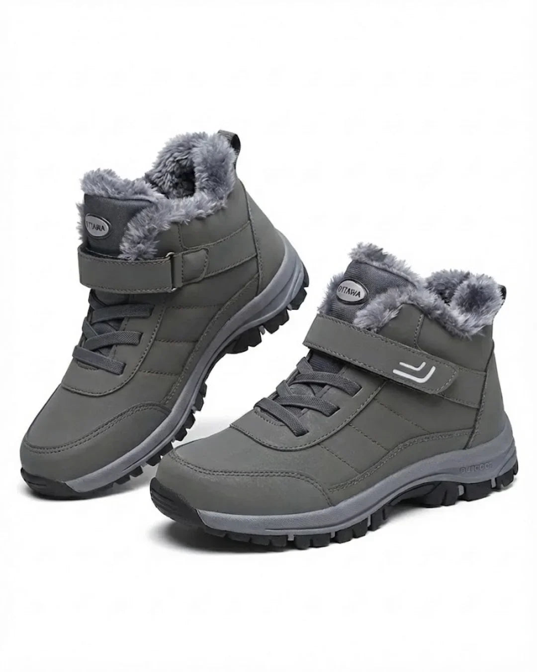 Gray hiking style ankle boots with fur trim and lace-up front, pair