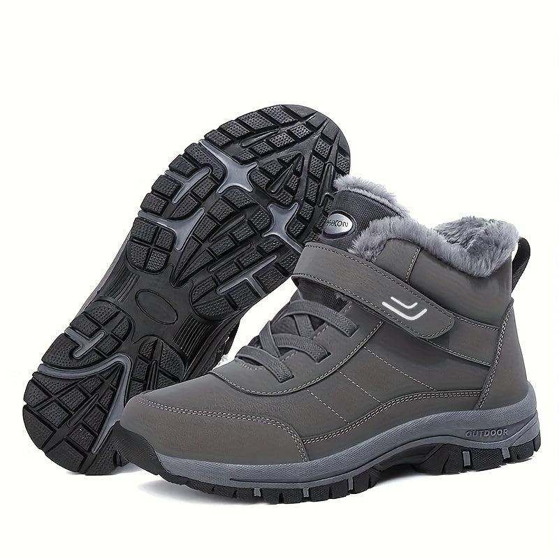 Gray hiking style ankle boots showing the lugged rubber sole and fur collar