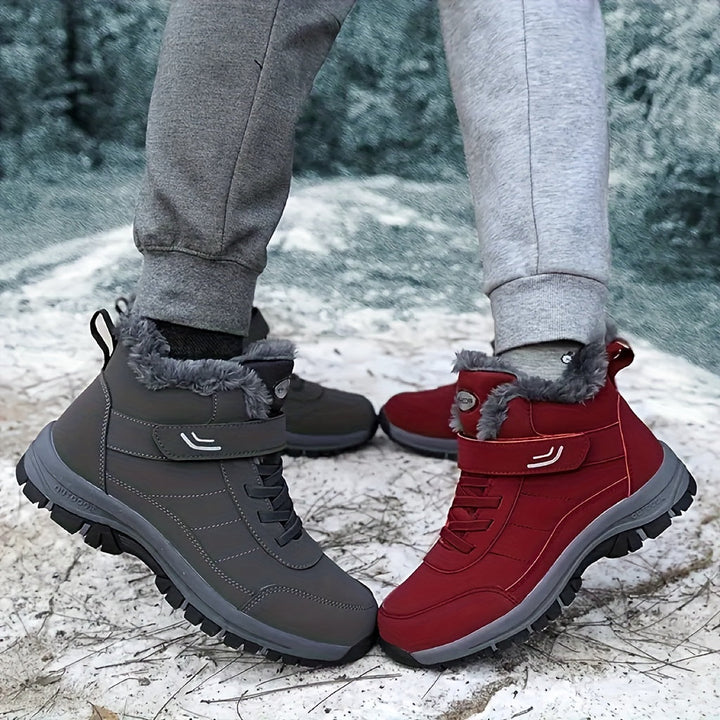 Gray and red hiking style ankle boots worn side by side on frosty ground