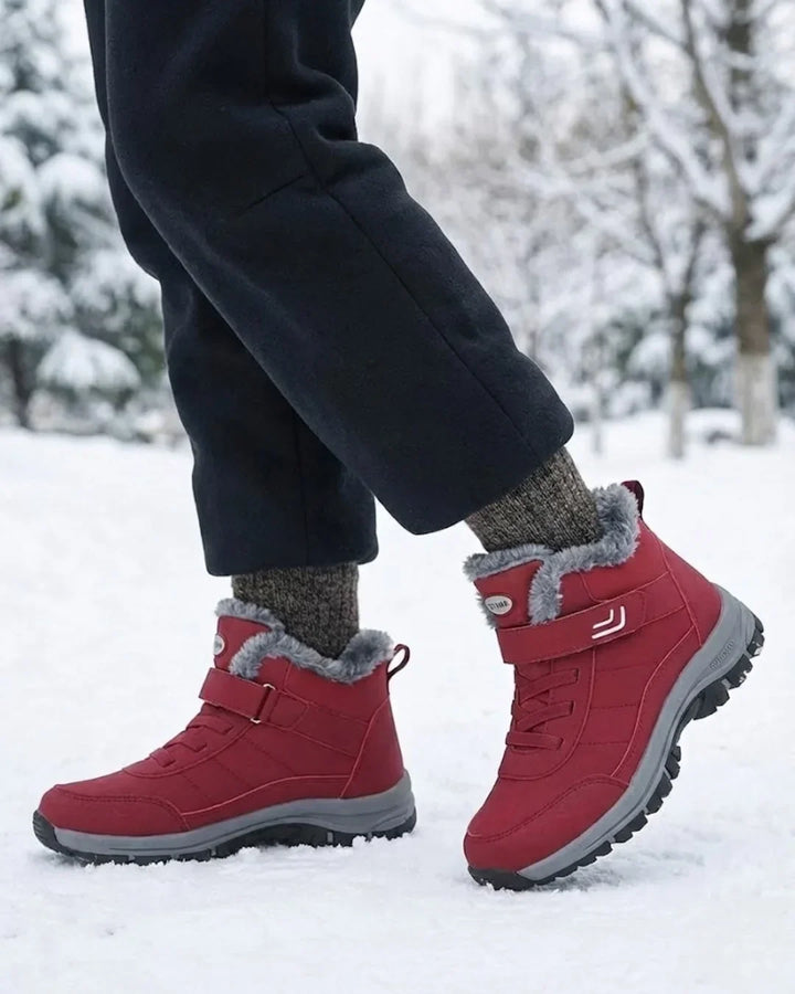 Red strap ankle boots stepping through snow, worn with black trousers