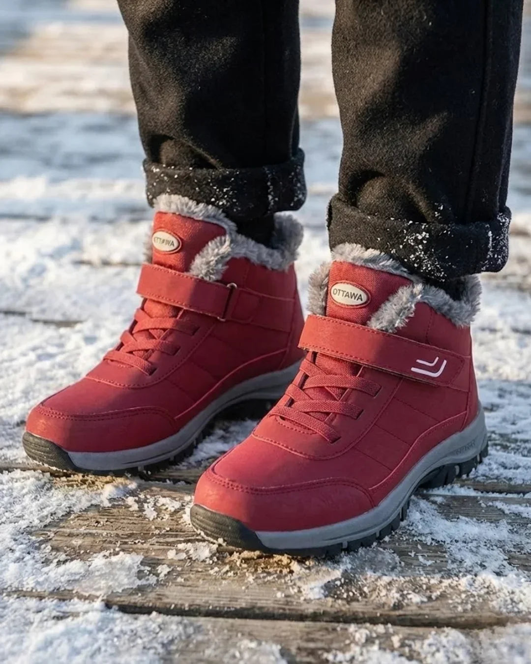 Red ankle boots worn outdoors on a snowy wooden walkway with dark pants