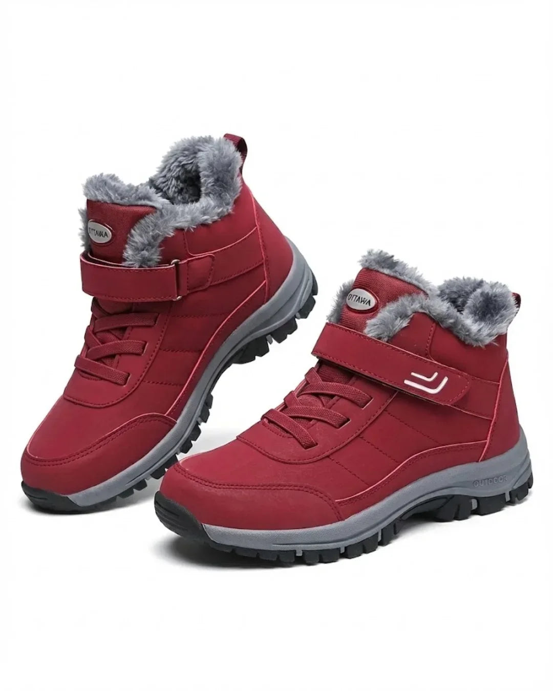Women's waterproof boots in red, hiking style ankle with strap and faux fur collar
