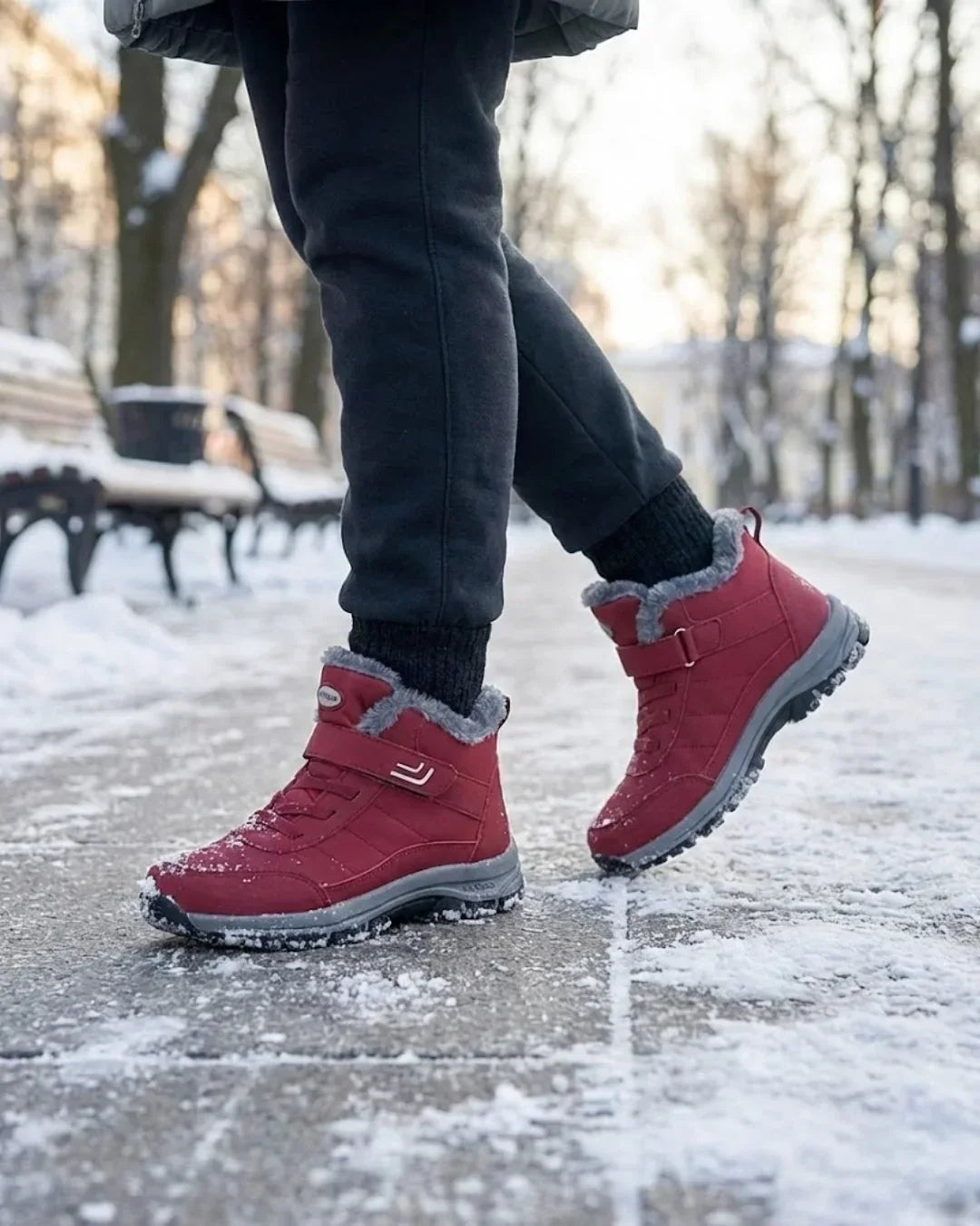 Red fur-lined hiking boots on an icy winter sidewalk with a park bench behind