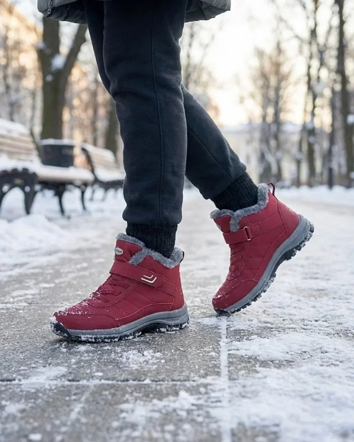 Red fur-lined hiking boots on an icy winter sidewalk with a park bench behind