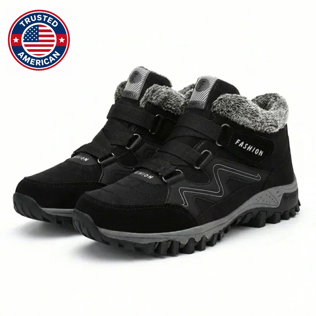 Black lace up hiking boots with double hook and loop straps