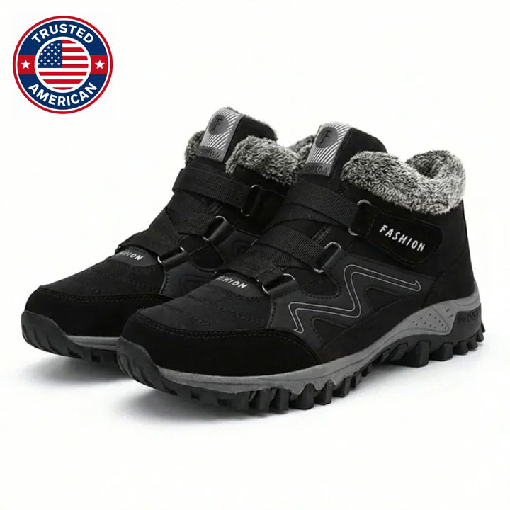 Black lace up hiking boots with double hook and loop straps