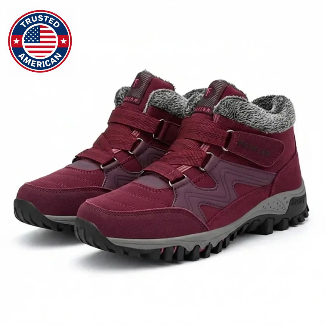 Burgundy double strap hiking style boots with fur trim at the ankle