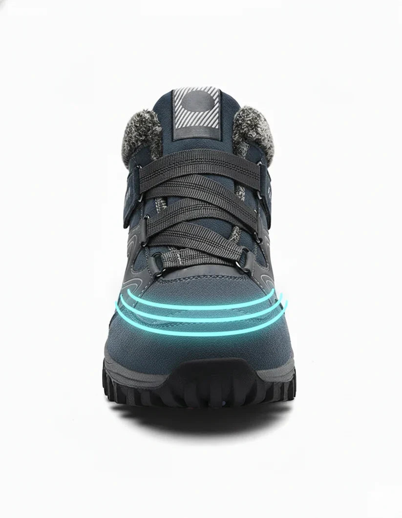 Front view of the gray blue boot with laces, fur collar and lined sole
