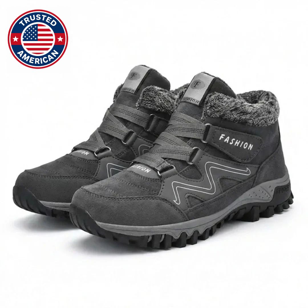 Women's waterproof boots in gray, lace up hiking style with double straps and fur collar