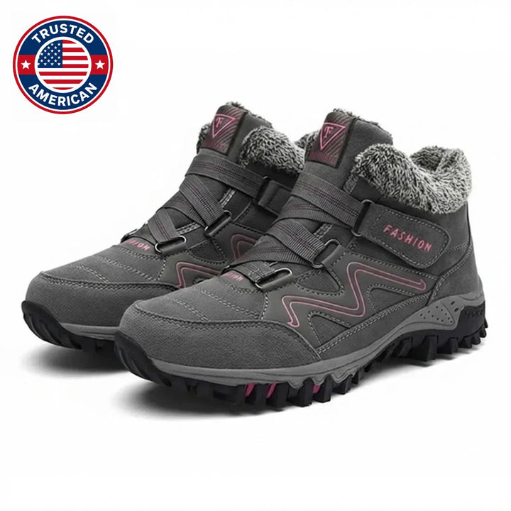 Gray boots with pink accent stitching, double strap lace up pair