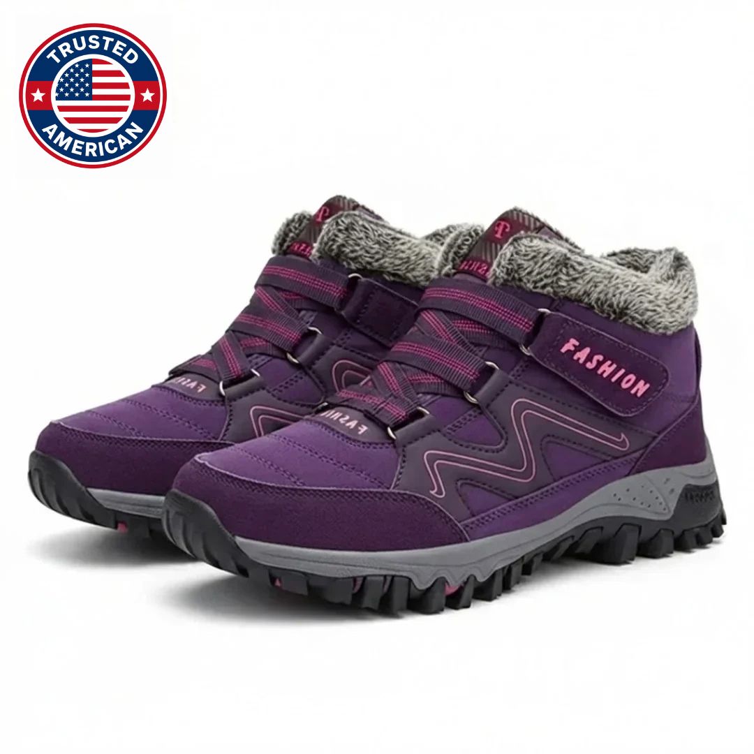Purple lace up boots with double straps and gray lug sole
