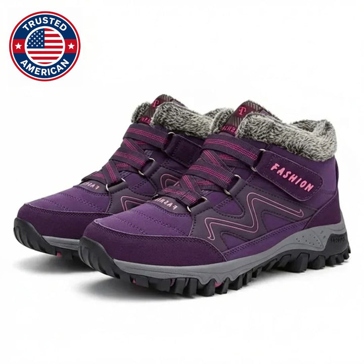 Purple lace up boots with double straps and gray lug sole