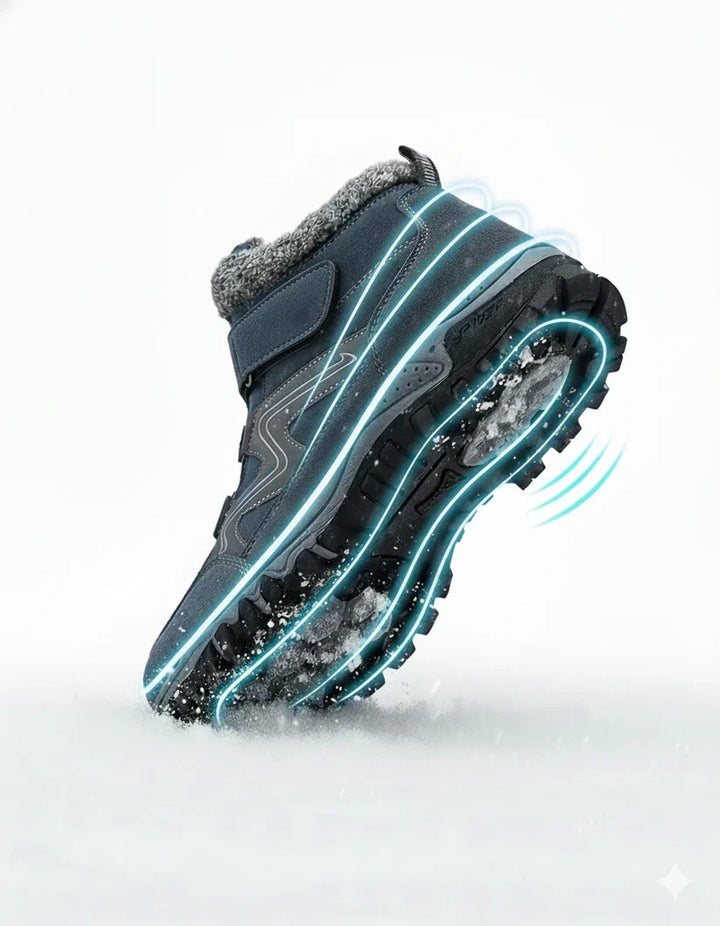 Boot tilted in snow with glowing blue lines highlighting the grip sole