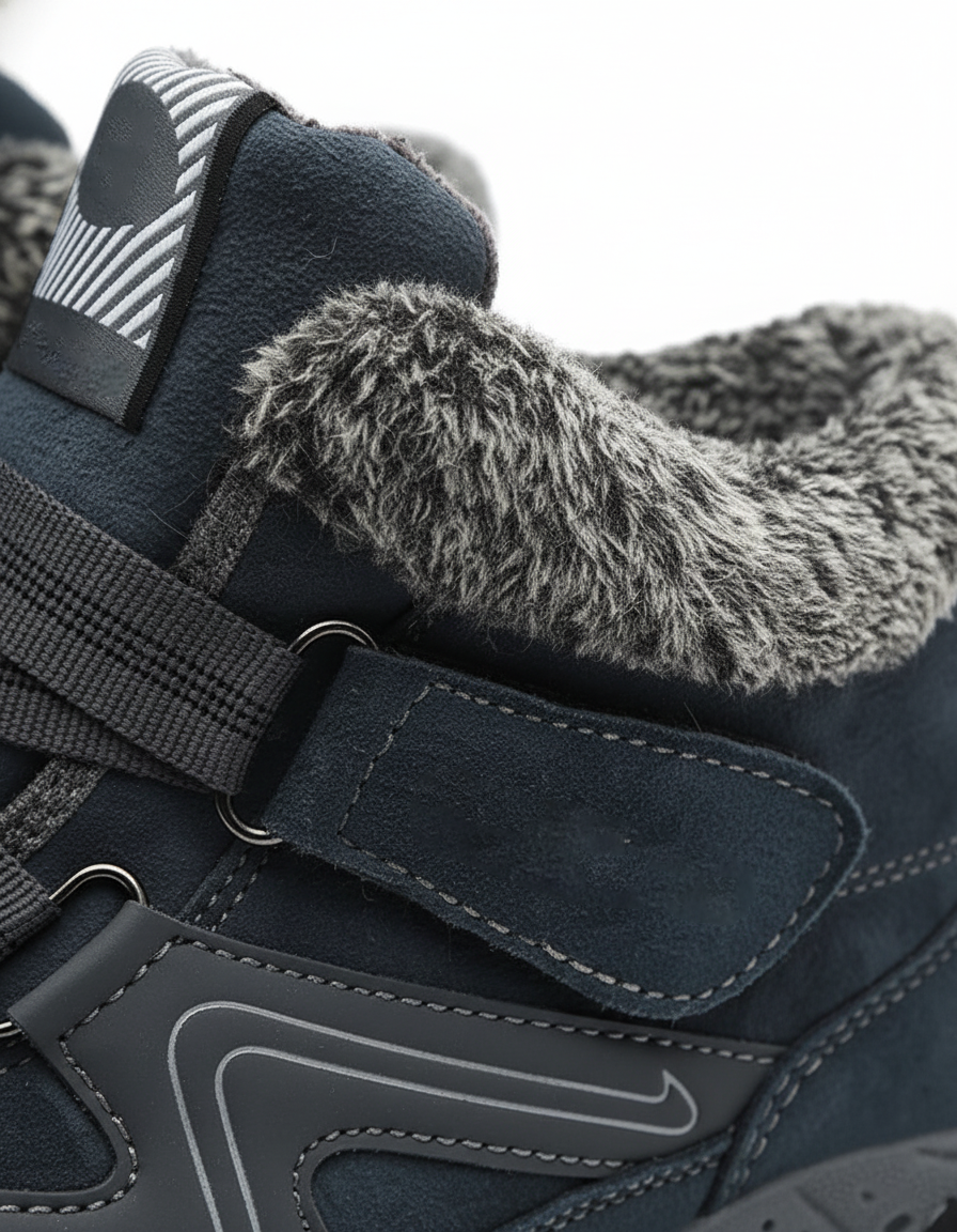 Close-up of the strap, fur trimmed collar and lug sole detail