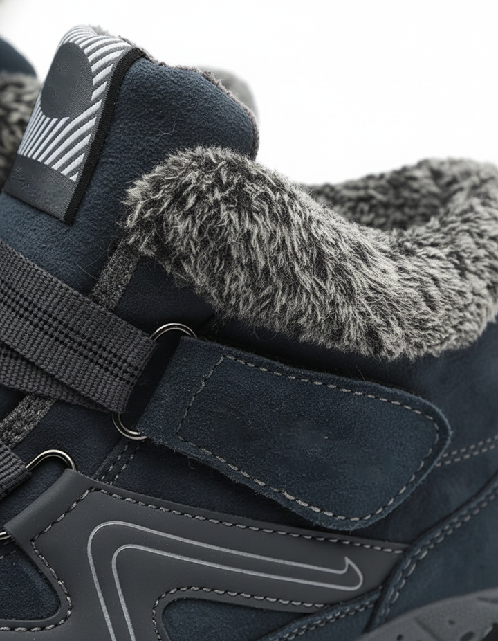 Close-up of the strap, fur trimmed collar and lug sole detail