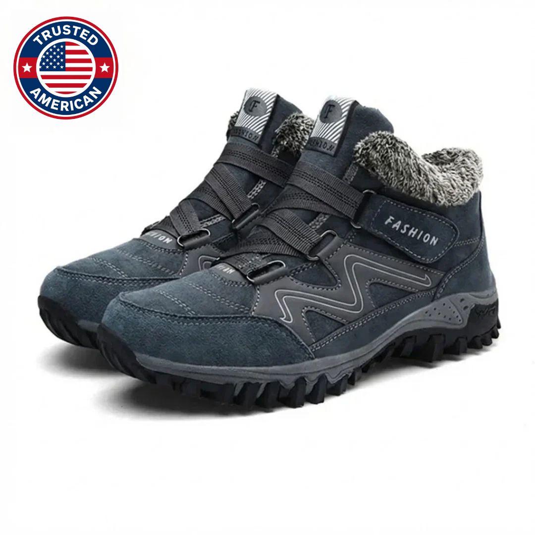 Slate blue hiking style boots with double straps and plush collar, pair view