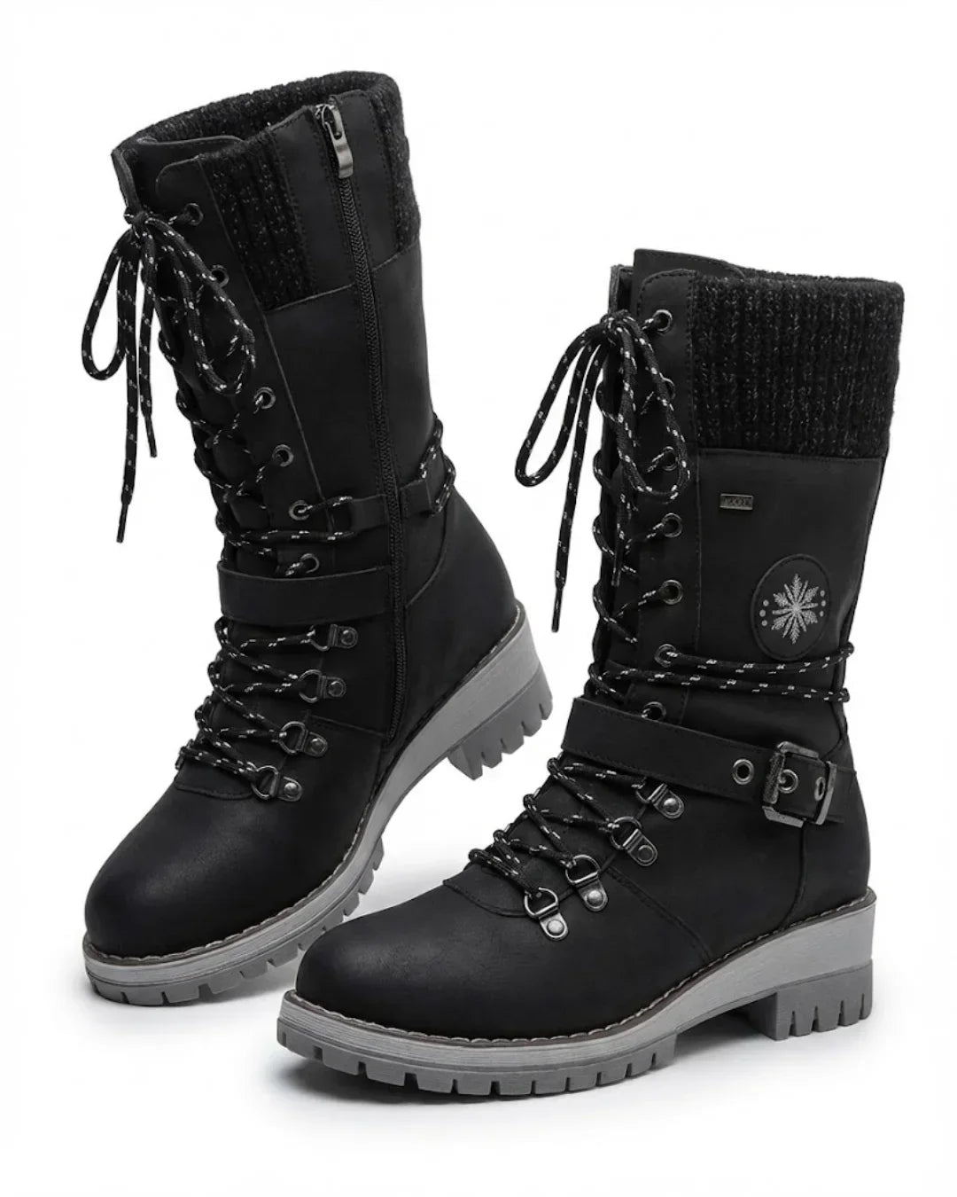 Women's waterproof boots in black, lace up hiking style with knit cuff, pair view