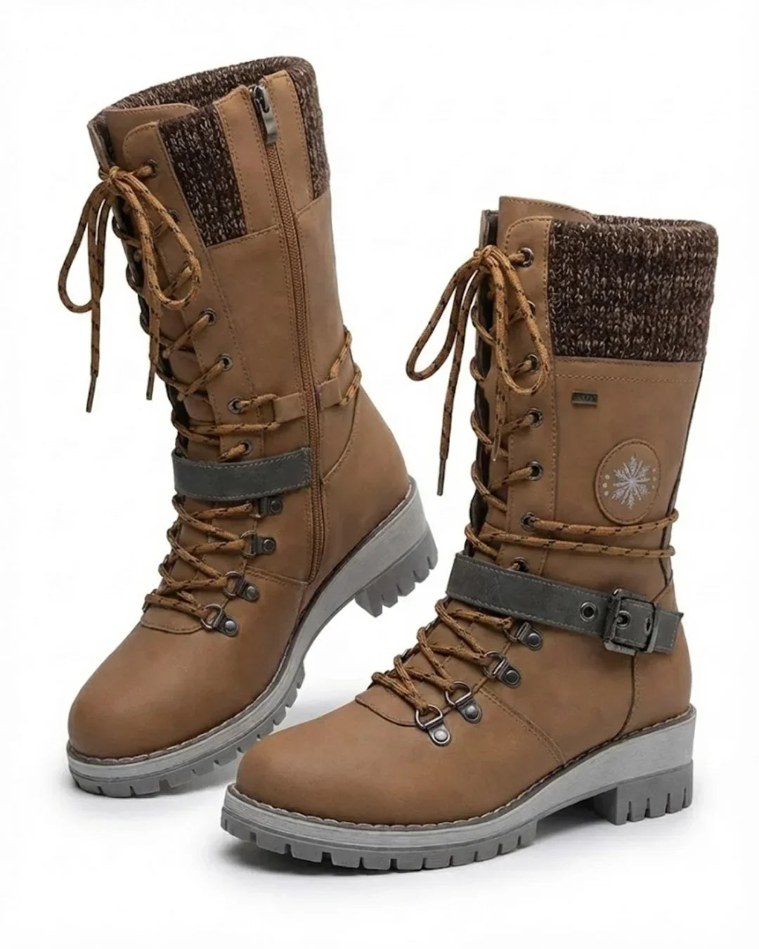 Brown lace up boots with knit cuff and buckle strap shown as a pair