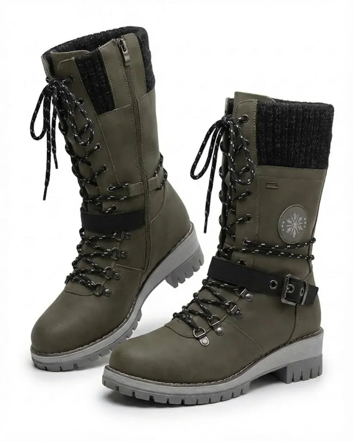 Olive green lace up boots with black knit cuff and ankle buckle strap