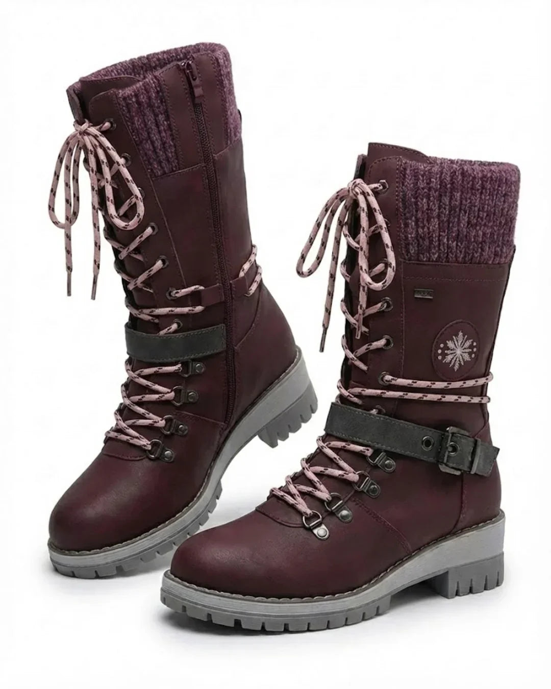 Plum lace up hiking style boots with pink laces and knit cuffs