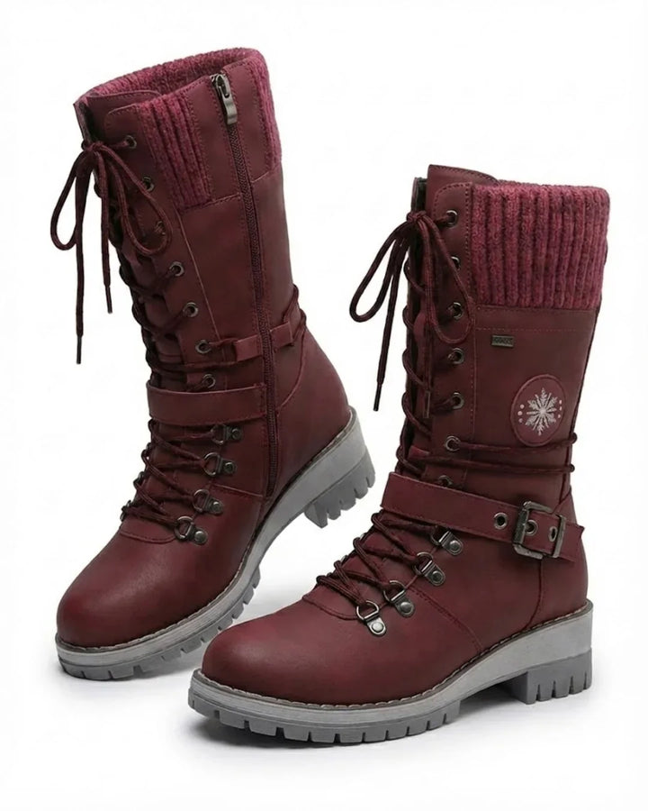 Wine red lace up boots with knit cuff, buckle strap and chunky gray sole