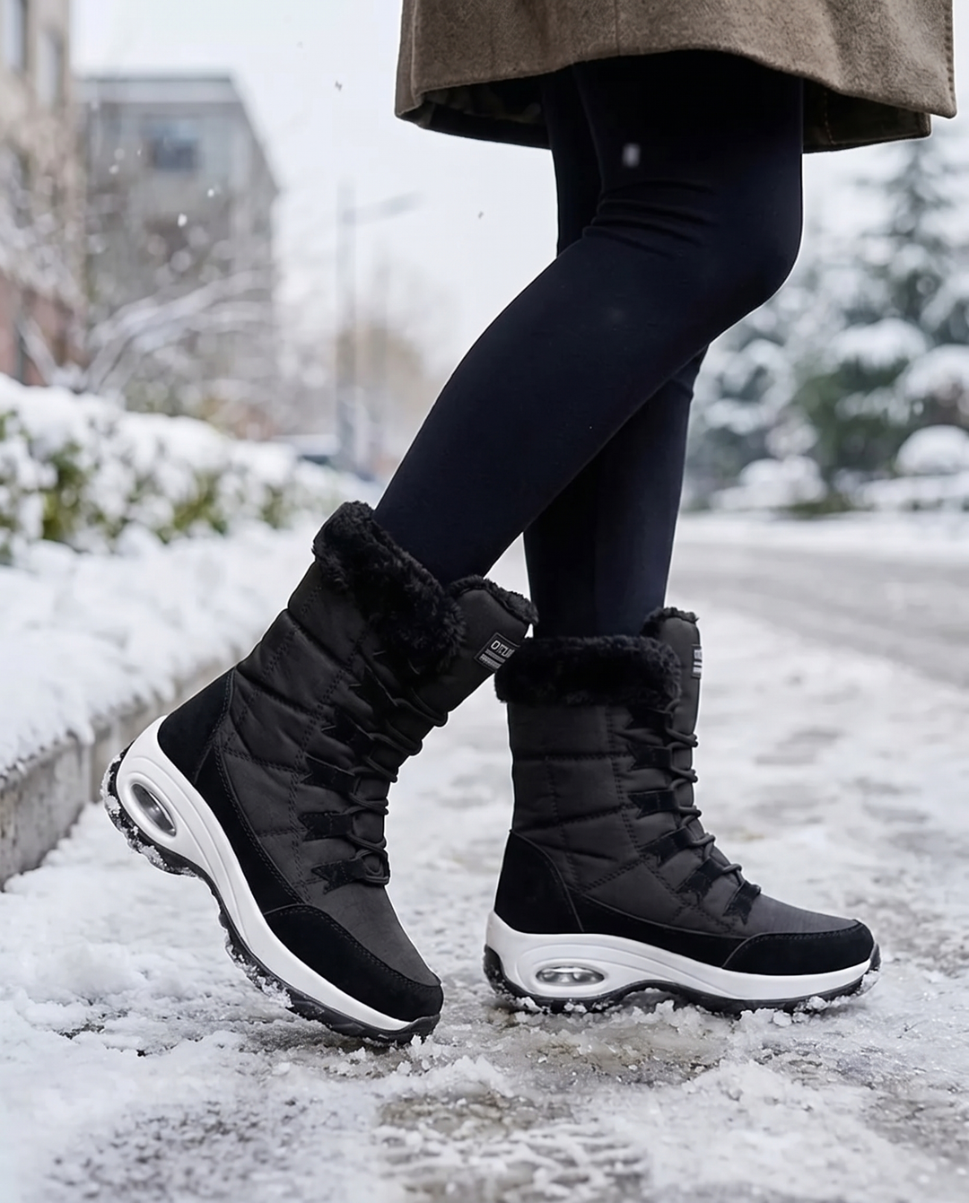 Black mid calf boots worn on a snowy street with dark leggings