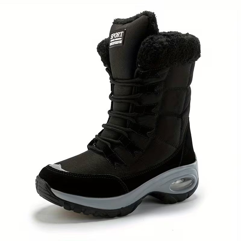 Women's waterproof boots in black, lace up mid calf with sporty platform sole