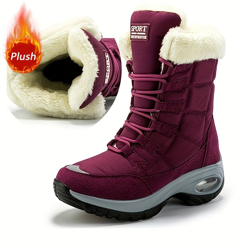 Burgundy platform boot with plush lining shown in a cutaway at the top