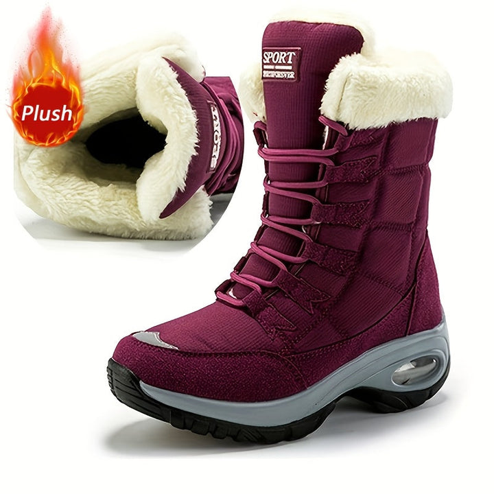Burgundy platform boot with plush lining shown in a cutaway at the top