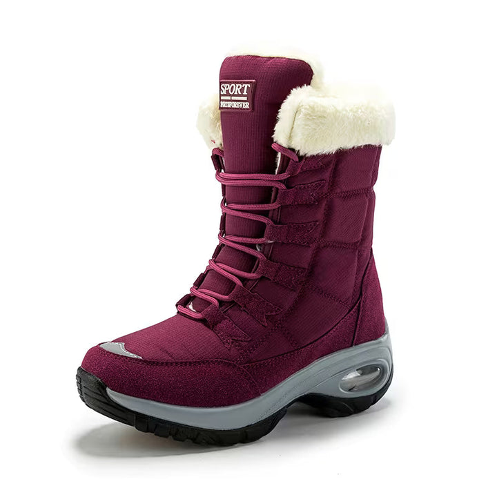 Burgundy mid calf lace up boot with plush collar and chunky platform sole