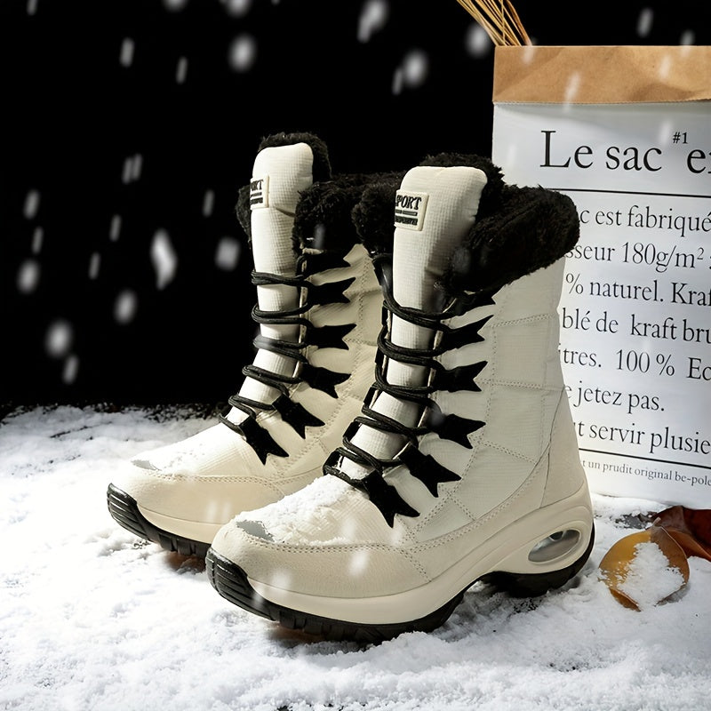 Pair of cream lace up boots with black laces in a snowy scene