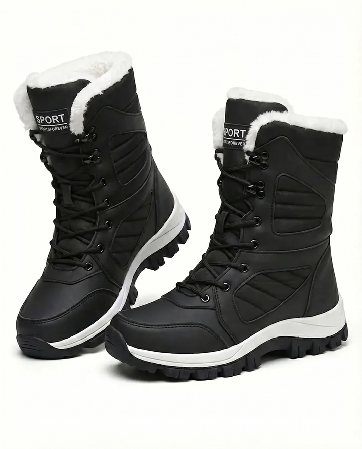 Black mid calf lace up boots with white sole and fur trimmed top