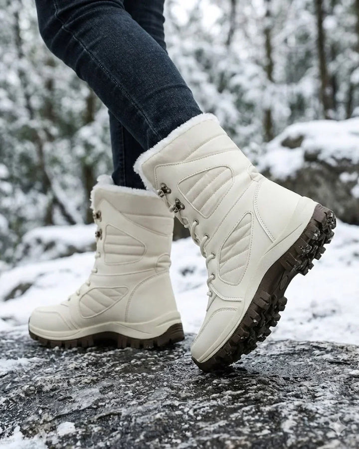 Cream mid calf boots in a snowy forest, mid stride