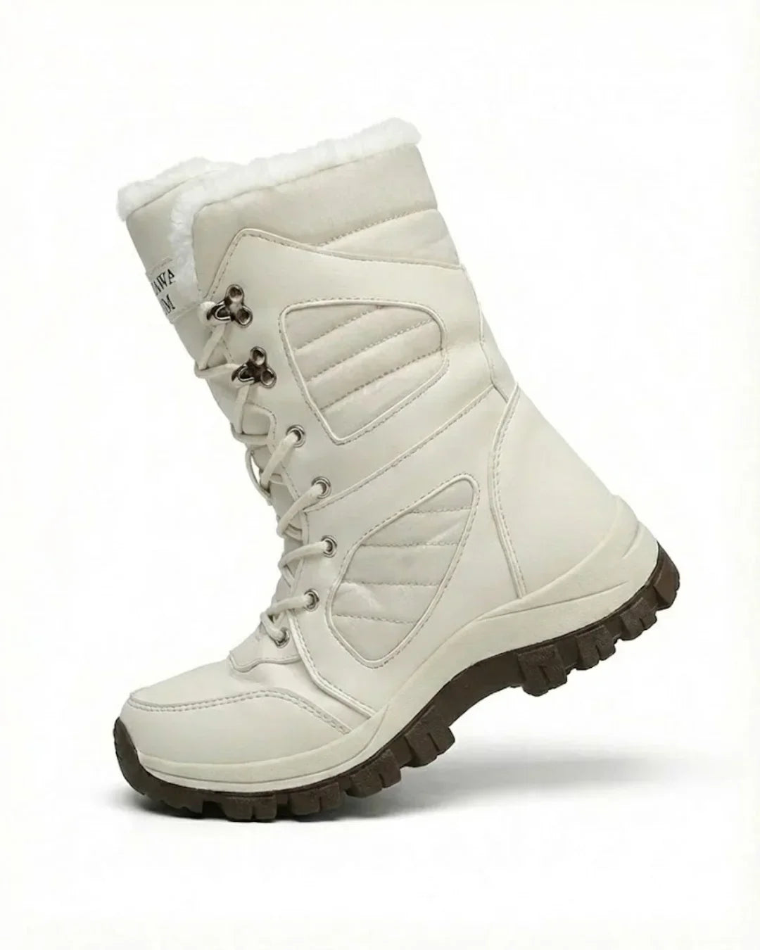 Side view of a cream mid calf boot with lacing and quilted panels
